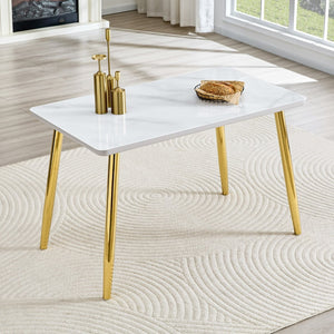 English Elm Modern Marble Texture Rectangular Dining Table with Tempered Glass Top and Tapered Metal Legs White+Gold W1512S00239