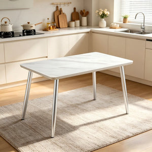 English Elm Modern Marble Texture Rectangular Dining Table with Tempered Glass Top and Tapered Metal Legs White+Silver W1512S00240
