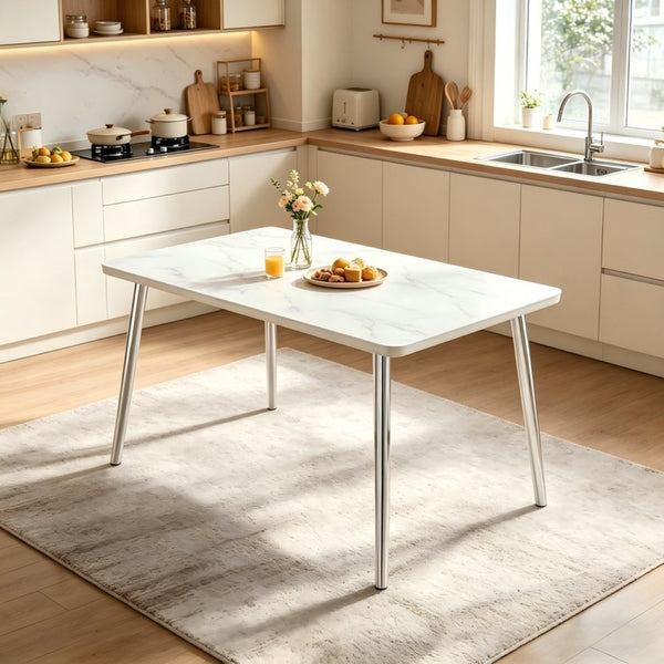 English Elm Modern Marble Texture Rectangular Dining Table with Tempered Glass Top and Tapered Metal Legs White+Silver W1512S00240
