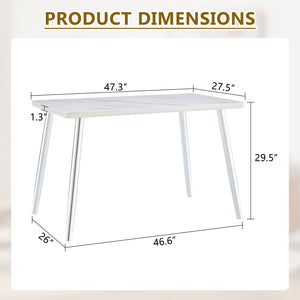 English Elm Modern Marble Texture Rectangular Dining Table with Tempered Glass Top and Tapered Metal Legs White+Silver W1512S00240