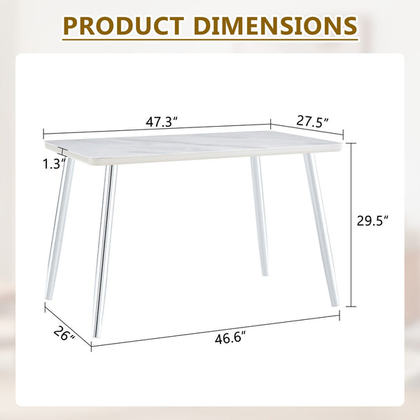 English Elm Modern Marble Texture Rectangular Dining Table with Tempered Glass Top and Tapered Metal Legs White+Silver W1512S00240