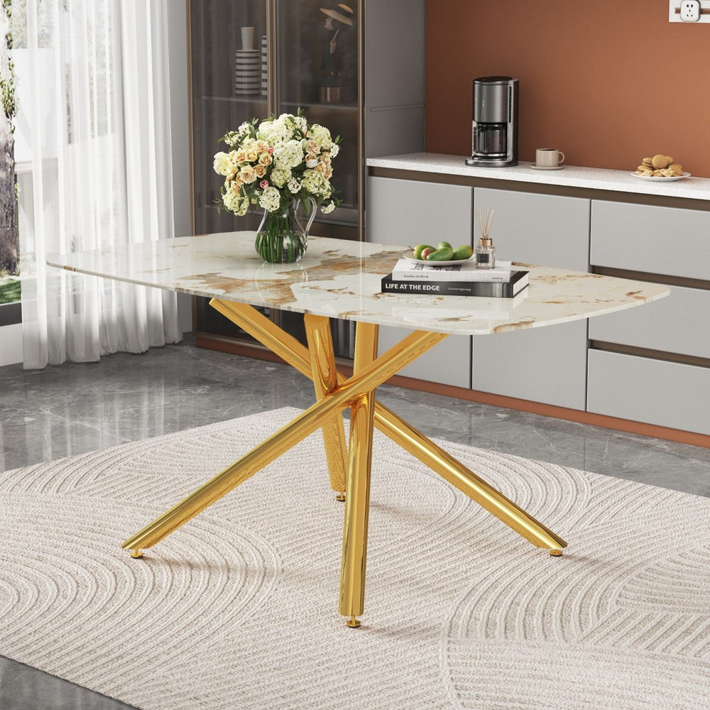 English Elm 63X35.4 Rectangular Marble Glass Dining Table Gold Fork Legs Seats Six Glam Modern W1512S00243