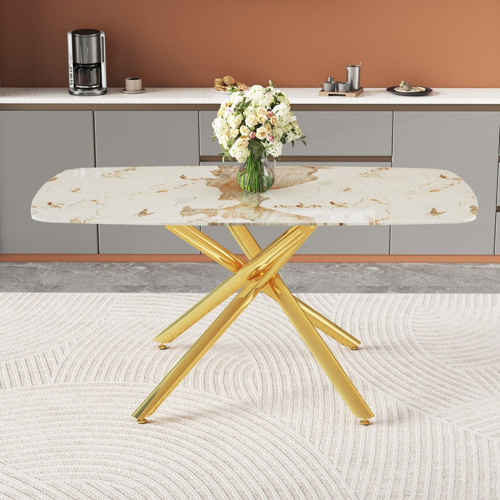 English Elm 63X35.4 Rectangular Marble Glass Dining Table Gold Fork Legs Seats Six Glam Modern W1512S00243