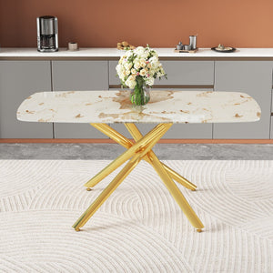 English Elm 63X35.4 Rectangular Marble Glass Dining Table Gold Fork Legs Seats Six Glam Modern W1512S00243