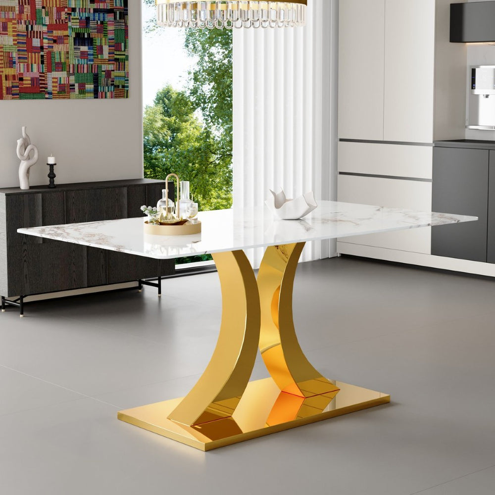 English Elm 30 Inch Tempered Glass Dining Table Marble Texture Top Convertible Metal Base Seats Six W1512S00248