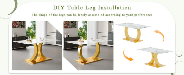 English Elm 30 Inch Tempered Glass Dining Table Marble Texture Top Convertible Metal Base Seats Six W1512S00248