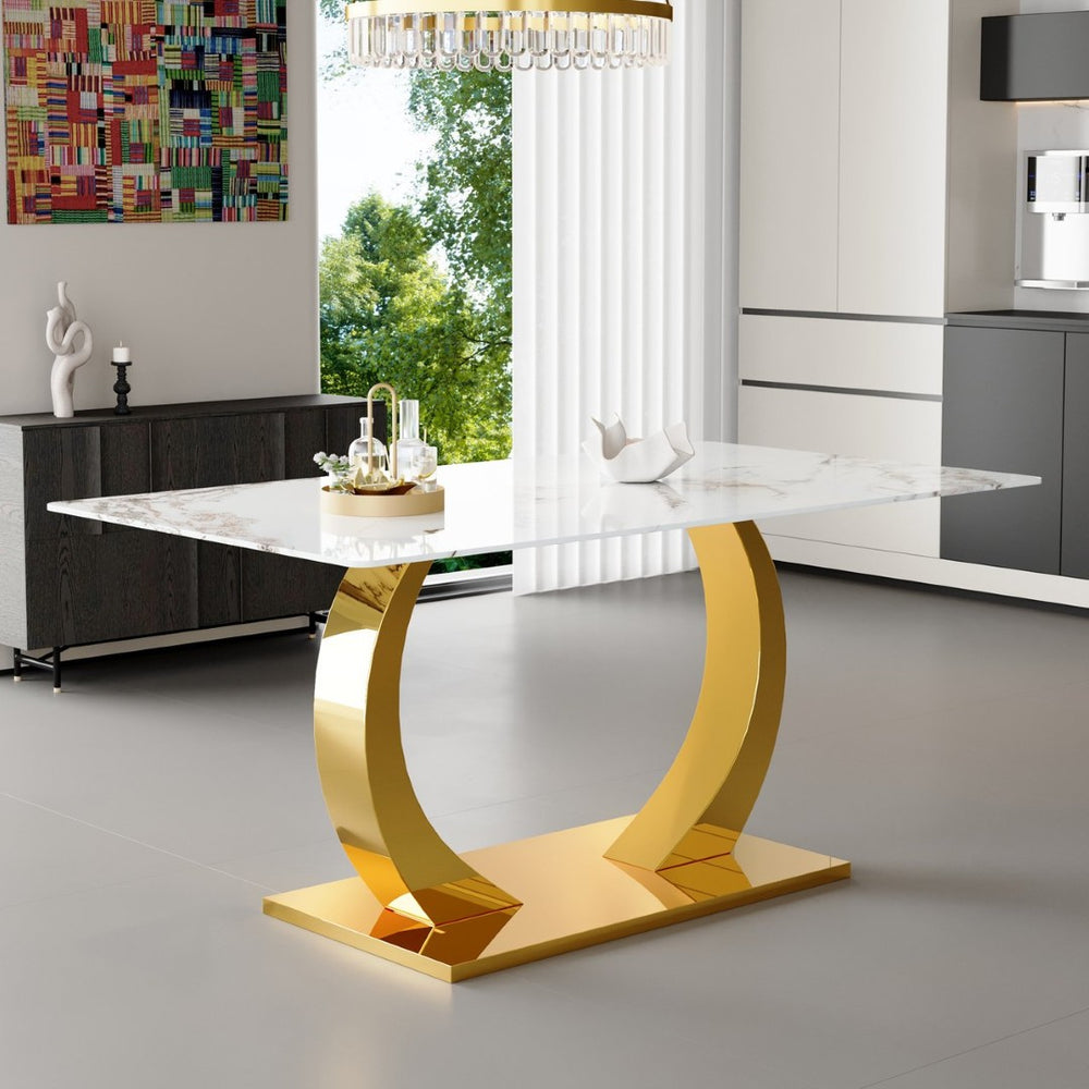 English Elm 30 Inch Tempered Glass Dining Table Marble Texture Top Convertible Metal Base Seats Six W1512S00248