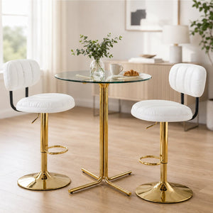 English Elm Round Tempered Glass Pub Set with Gold Frame and Two Swivel Adjustable Faux Leather Stools White+Gold W1512S00249