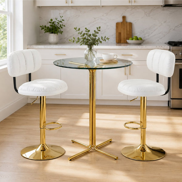 English Elm Round Tempered Glass Pub Set with Gold Frame and Two Swivel Adjustable Faux Leather Stools White+Gold W1512S00249