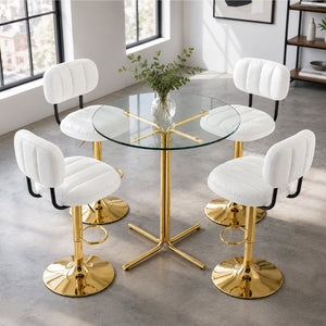 English Elm Round Tempered Glass Pub Set with Gold Frame and Two Swivel Adjustable Faux Leather Stools White+Gold W1512S00249