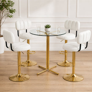 English Elm Round Tempered Glass Pub Set with Gold Frame and Two Swivel Adjustable Faux Leather Stools White+Gold W1512S00249