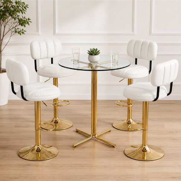 English Elm Round Tempered Glass Pub Set with Gold Frame and Two Swivel Adjustable Faux Leather Stools White+Gold W1512S00249
