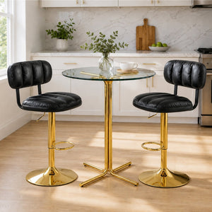 English Elm Round Tempered Glass Pub Set with Gold Frame and Two Swivel Adjustable Faux Leather Stools Black+Gold W1512S00250