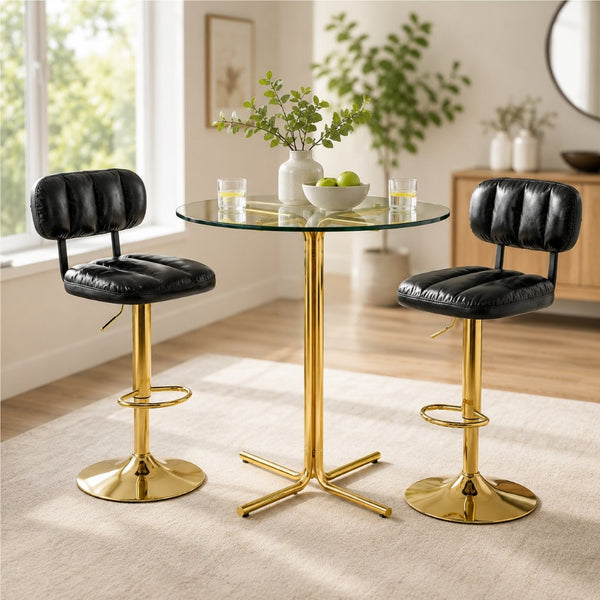 English Elm Round Tempered Glass Pub Set with Gold Frame and Two Swivel Adjustable Faux Leather Stools Black+Gold W1512S00250