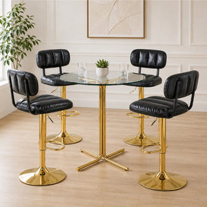 English Elm Round Tempered Glass Pub Set with Gold Frame and Two Swivel Adjustable Faux Leather Stools Black+Gold W1512S00250