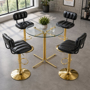 English Elm Round Tempered Glass Pub Set with Gold Frame and Two Swivel Adjustable Faux Leather Stools Black+Gold W1512S00250
