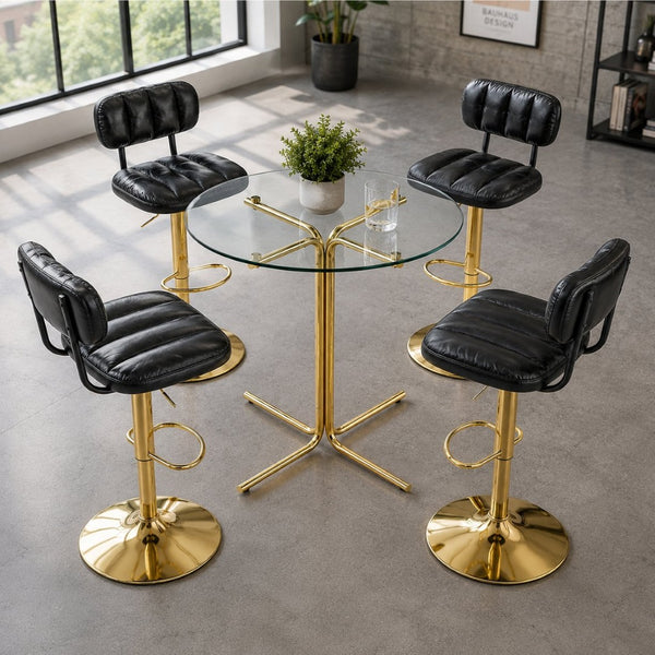 English Elm Round Tempered Glass Pub Set with Gold Frame and Two Swivel Adjustable Faux Leather Stools Black+Gold W1512S00250
