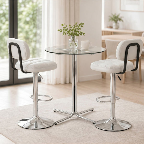 English Elm Round Tempered Glass Pub Set Gold Metal Frame Swivel Adjustable Stools Home Bar White+Silver W1512S00251