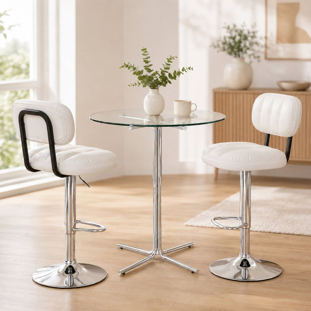 English Elm Round Tempered Glass Pub Set Gold Metal Frame Swivel Adjustable Stools Home Bar White+Silver W1512S00251