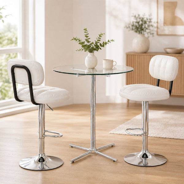English Elm Round Tempered Glass Pub Set Gold Metal Frame Swivel Adjustable Stools Home Bar White+Silver W1512S00251