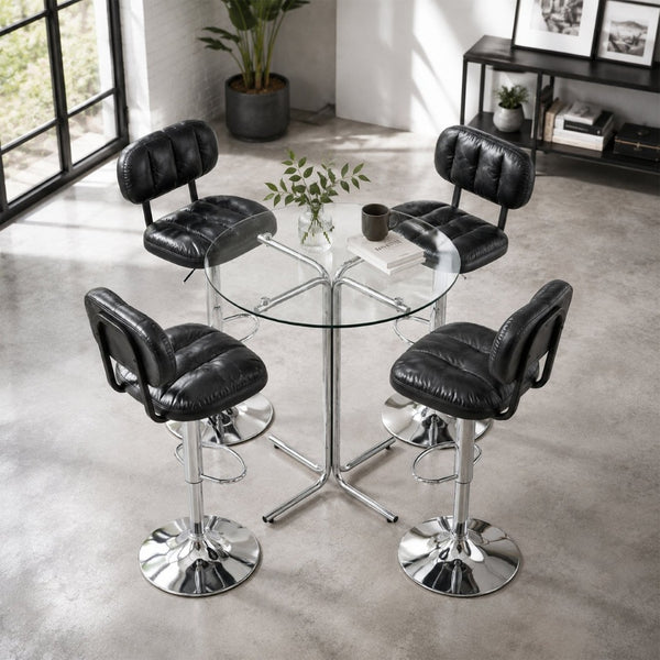 English Elm Round Tempered Glass Pub Set Gold Metal Frame Swivel Adjustable Stools Home Bar Black+Silver W1512S00252