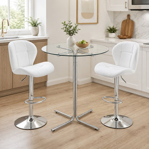 English Elm Round Glass Top Bistro Set with Swivel Stools Silver Frame Modern Kitchen Bar White W1512S00254