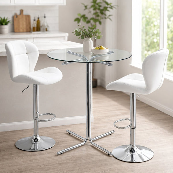 English Elm Round Glass Top Bistro Set with Swivel Stools Silver Frame Modern Kitchen Bar White W1512S00254