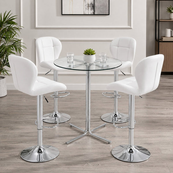 English Elm Round Glass Top Bistro Set with Swivel Stools Silver Frame Modern Kitchen Bar White W1512S00254