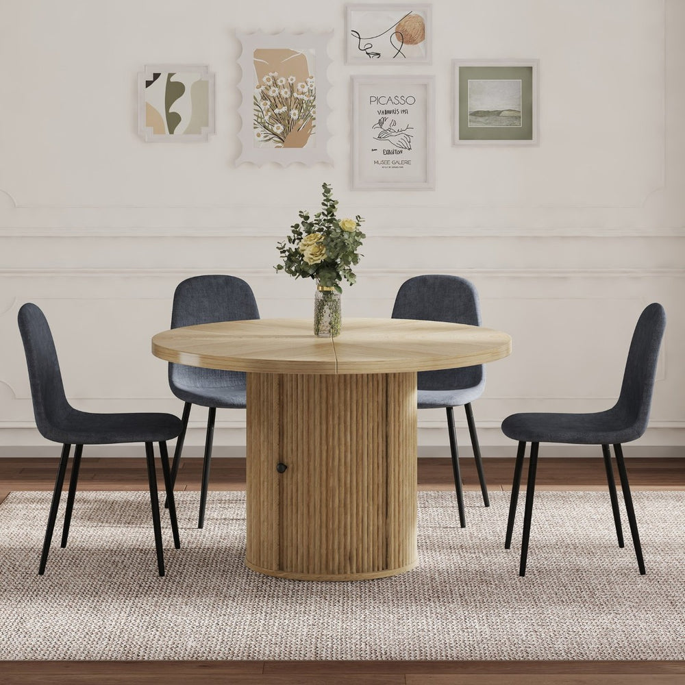 English Elm 4-piece European Round Dining Set Walnut Pedestal Table with Storage Grey Linen Chairs W1512S00255