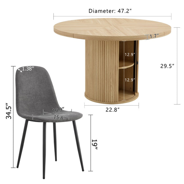 English Elm 4-piece European Round Dining Set Walnut Pedestal Table with Storage Grey Linen Chairs W1512S00255