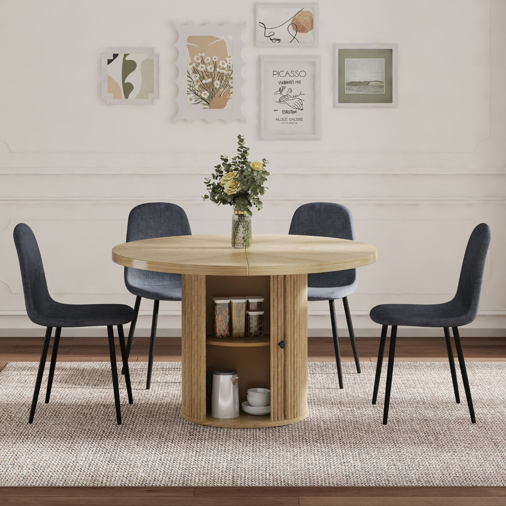English Elm 4-piece European Round Dining Set Walnut Pedestal Table with Storage Grey Linen Chairs W1512S00255