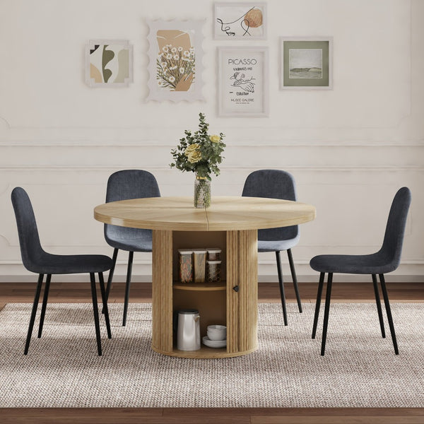 English Elm 4-piece European Round Dining Set Walnut Pedestal Table with Storage Grey Linen Chairs W1512S00255