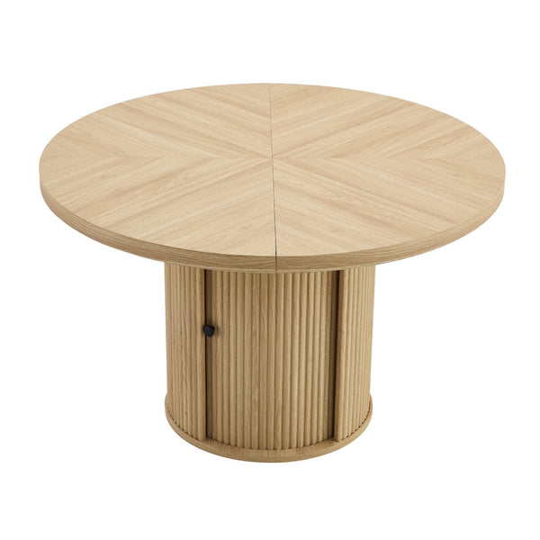 English Elm 4-piece European Round Dining Set Walnut Pedestal Table with Storage Grey Linen Chairs W1512S00255