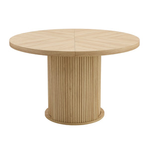 English Elm 4-piece European Round Dining Set Walnut Pedestal Table with Storage Grey Linen Chairs W1512S00255