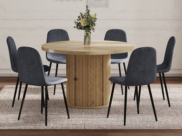 English Elm 4-piece European Round Dining Set Walnut Pedestal Table with Storage Grey Linen Chairs W1512S00255