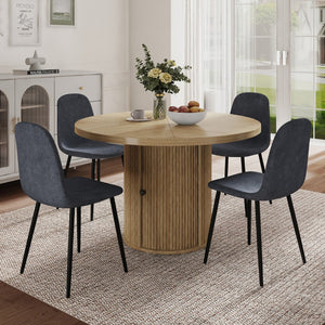 English Elm 4-piece European Round Dining Set Walnut Pedestal Table with Storage Grey Linen Chairs W1512S00255