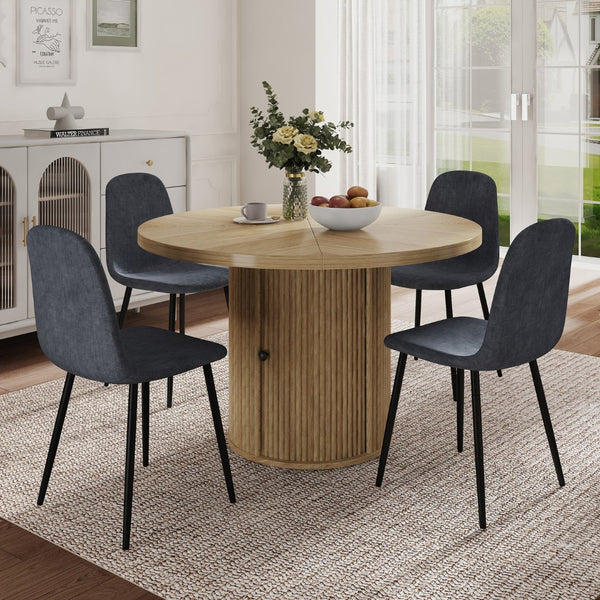 English Elm 4-piece European Round Dining Set Walnut Pedestal Table with Storage Grey Linen Chairs W1512S00255