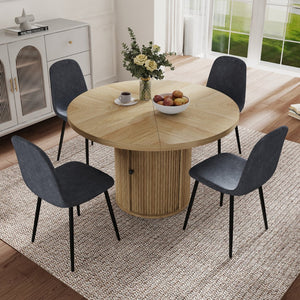 English Elm 4-piece European Round Dining Set Walnut Pedestal Table with Storage Grey Linen Chairs W1512S00255