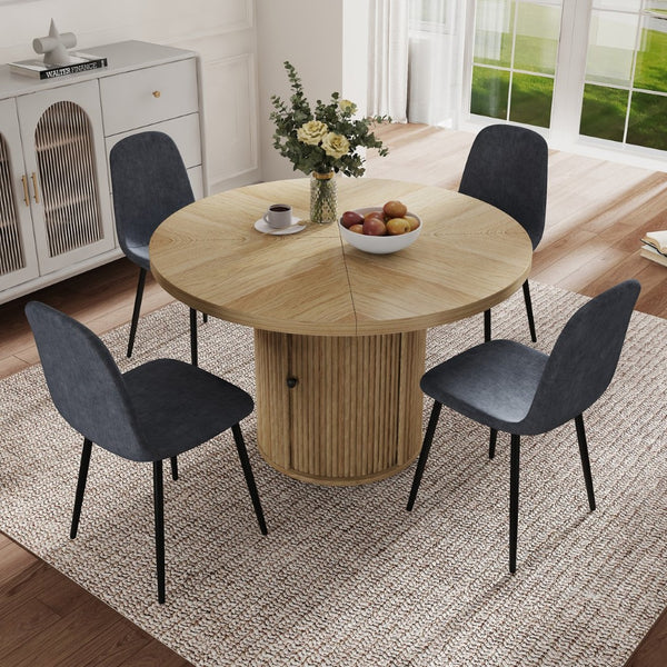 English Elm 4-piece European Round Dining Set Walnut Pedestal Table with Storage Grey Linen Chairs W1512S00255