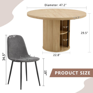 English Elm 4-piece European Round Dining Set Walnut Pedestal Table with Storage Grey Linen Chairs W1512S00255