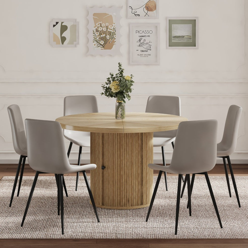 English Elm 4-piece Round Dining Set with Roman Column Pedestal Storage Table and Gray Pu Chairs W1512S00256