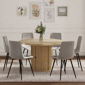 English Elm 4-piece Round Dining Set with Roman Column Pedestal Storage Table and Gray Pu Chairs W1512S00256