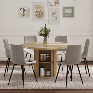 English Elm 4-piece Round Dining Set with Roman Column Pedestal Storage Table and Gray Pu Chairs W1512S00256