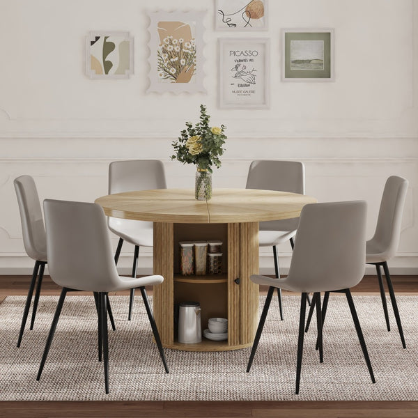 English Elm 4-piece Round Dining Set with Roman Column Pedestal Storage Table and Gray Pu Chairs W1512S00256