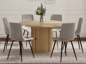 English Elm 4-piece Round Dining Set with Roman Column Pedestal Storage Table and Gray Pu Chairs W1512S00256
