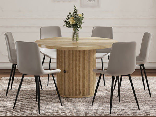 English Elm 4-piece Round Dining Set with Roman Column Pedestal Storage Table and Gray Pu Chairs W1512S00256
