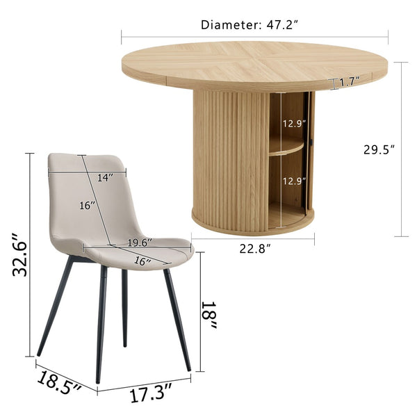 English Elm 4-piece Round Dining Set with Roman Column Pedestal Storage Table and Gray Pu Chairs W1512S00256