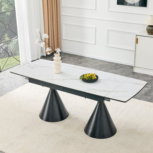 English Elm Extendable Marble Top Rectangular Dining Table Seats 4 to 8 with Tapered Metal Legs Black/White W1512S00257