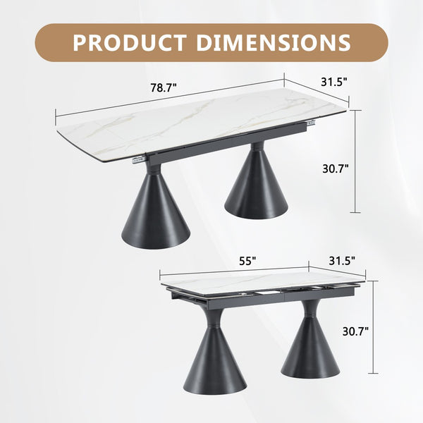English Elm Extendable Marble Top Rectangular Dining Table Seats 4 to 8 with Tapered Metal Legs Black/White W1512S00257