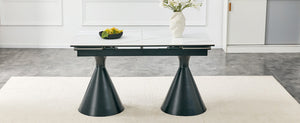 English Elm Extendable Marble Top Rectangular Dining Table Seats 4 to 8 with Tapered Metal Legs Black/White W1512S00257